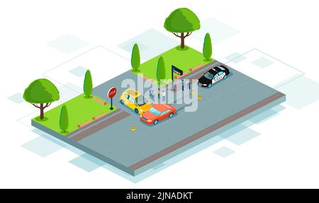 Vector of a road collision at street intersection with two cars involved in traffic accident and police vehicle Stock Vector