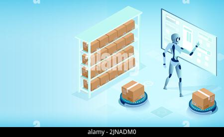 Isometric vector, automated warehouse, logistics center with AI and robot implementation Stock Vector
