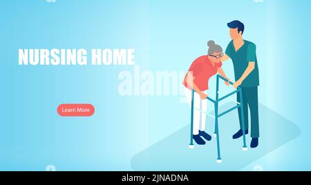 Isometric vector of a nursing home with a male nurse assisting elderly woman Stock Vector