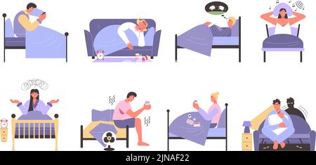 People cant sleep in bed. Sleepless characters suffering from different causes of insomnia. Count sheep to sleep vector Illustration set Stock Vector