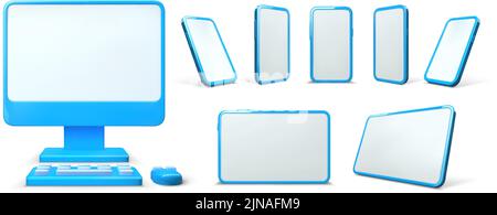 Gadget 3d mockup. Mobile phone, tablet screen and computer monitor with mouse and keyboard vector illustration set Stock Vector