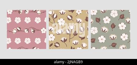 Cotton flower pattern. Soft bolls of blooming flowers, organic agricultural products and seamless cotton field background vector set Stock Vector
