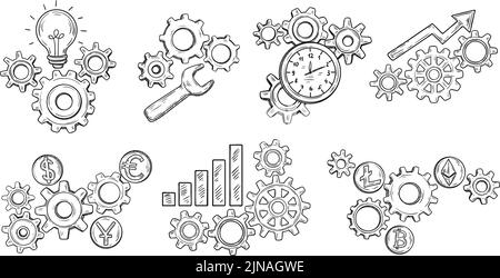 Hand drawn gear. Idea light bulb, financial mechanism charts and time clock gears sketch vector set Stock Vector