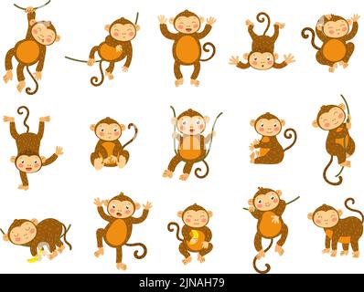 Cute monkey. Cartoon wild animals in different poses, funny ape monkeys and primate character vector set Stock Vector