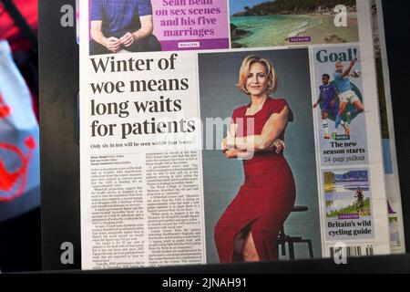 'Winter of woe means ong waits for patients' The Times newspaper headline front page on 6 August 2022 in London England UK Stock Photo