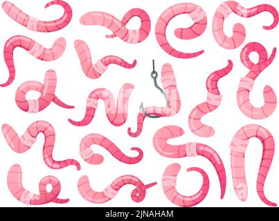 Soil worms. Earthworms in different poses, crawling and worm on hook. Garden insect vector set Stock Vector