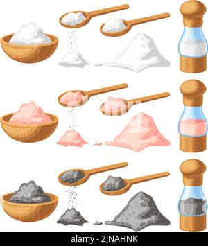 Pink, black and white salt. Wooden shaker, spoon and bowl with different salt types cartoon vector illustration set Stock Vector