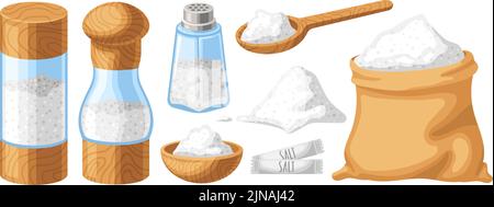Cartoon salt. Wooden shaker, spoon and bowl. Bag of sugar or baking soda, cooking ingredients vector illustration set Stock Vector