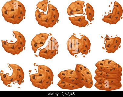Chocolate chip cookie. Broken and bitten dessert with crumbs around. Pile of cookies vector set Stock Vector