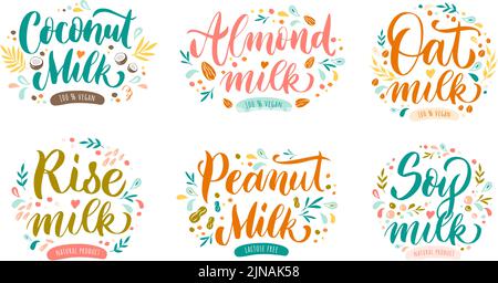 Vegan milk lettering. Coconut, peanut and almond nuts drink. Oat cereals, natural rise and soy plant-based milk product label vector set Stock Vector