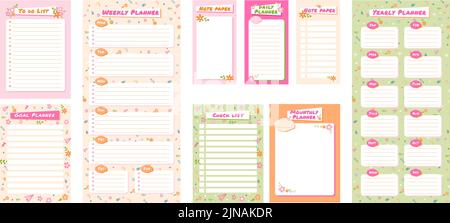 Cute planner templates. To do list with flower ornament, check list and note paper. Daily, weekly, monthly and yearly planners vector set Stock Vector