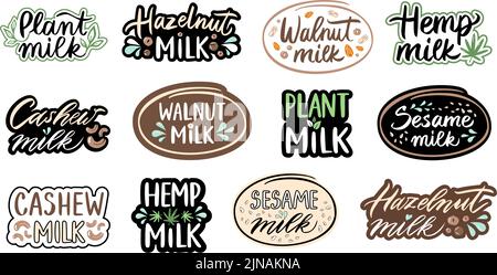 Plant milk lettering. Hazelnut, walnut, cashew nuts based product packaging design label. Sesame and hemp plants emblem vector set Stock Vector