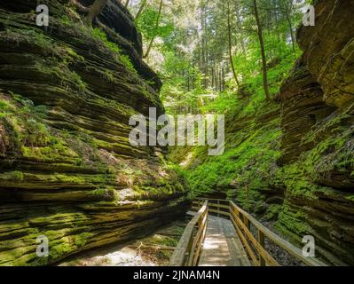 Wooden walkway in Witches Gulch on the Wisconsin River in wisconsin dells in the state of Wisconsin USA Stock Photo