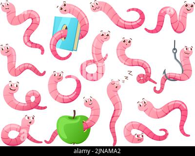 Cartoon worm in different poses. Crawling earthworm, attractive worm on hook and bookworm vector set Stock Vector