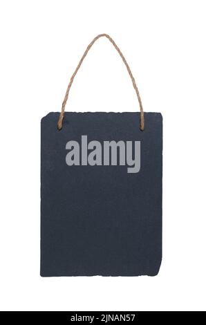 Blank slate plaque hanging on string, isolated on white background with clipping path cut out Stock Photo