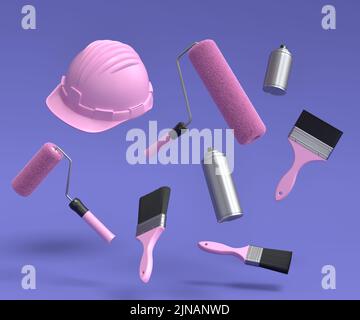 Set of flying safety helmet, spray with paint rollers and brushes on violet Stock Photo