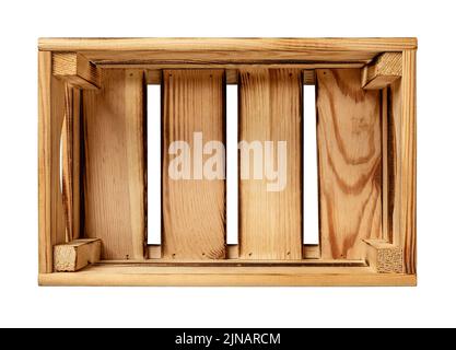 Wooden crate with handles isolated on a white background. Empty container from pine boards for storing all kinds of things. Rustic style wood box. Stock Photo