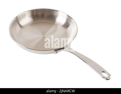 Stainless steel frying pan isolated on a white background. Empty skillet of 18/10 chrome nickel steel cutout. New inox frypan for food frying. Stock Photo
