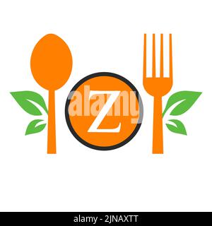 Restaurant Logo On Letter Z Template. Spoon and Fork, Leaf Symbol for Kitchen Sign, Cafe Icon, Restaurant, Cooking Business Vector Stock Vector