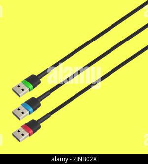 three cables with a USB connector, in RGB colors, isolated on a white ...