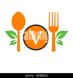 Restaurant Logo On Letter V Template. Spoon and Fork, Leaf Symbol for Kitchen Sign, Cafe Icon, Restaurant, Cooking Business Vector Stock Vector