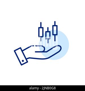 Hand holding candlestick chart. Trading and investing icon. Pixel perfect, editable stroke line design Stock Vector