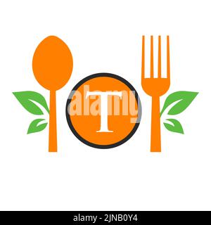 Restaurant Logo On Letter T Template. Spoon and Fork, Leaf Symbol for Kitchen Sign, Cafe Icon, Restaurant, Cooking Business Vector Stock Vector