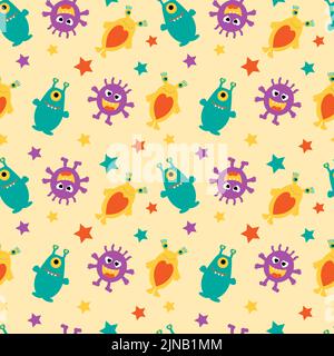 Funny aliens and multicolored stars on a yellow background. Stock Vector