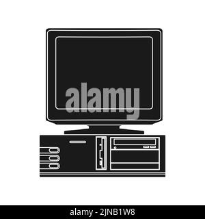 Old computer vector technology illustration pc solid black and retro icon desktop. Digital screen display and symbol 90s. Vintage communication design Stock Vector