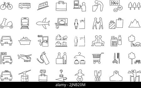 Hand-painted icon set 40 vehicles and public institutions Stock Vector
