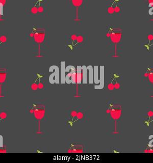 Illustration depicting a cocktail with cherries and a green leaf on a gray background. Stock Vector