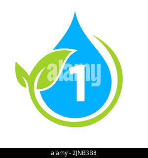 Eco Leaf and Water Drop Logo on Letter 1 Template. Letter 1 Water Concept Stock Vector