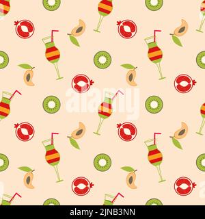 Illustration depicting a cocktail with pieces of fruit on a beige background. Mango, kiwi, pomegranate cutaway. Seamless vector background. Wallpaper. Stock Vector
