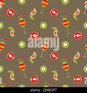 Illustration depicting a cocktail with pieces of fruit on a brown background. Mango, kiwi, pomegranate cutaway. Seamless vector background. Wallpaper. Stock Vector