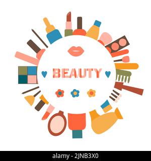 Frame postcard under the text with a set of cosmetics and skin care items. Natural organic cosmetic product. Beauty Tavara logo. Elements for icons. F Stock Vector