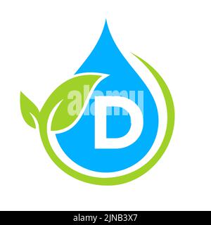 Eco Leaf and Water Drop Logo on Letter D Template. Letter D Water Concept Stock Vector