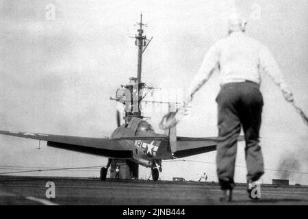 TBF makes first landing on USS Marcus Island (CVE77), 5 March 1944