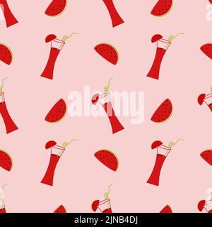 Illustration with watermelon cocktail and watermelon slices on a pink background. Seamless vector background. Wallpaper. Screensaver. Stock Vector