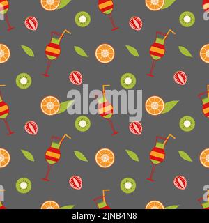 Background with mix cocktail and slices of orange, strawberry, kiwi and a leaf on a gray background. Kiwi strawberry, cut orange. Seamless vector back Stock Vector