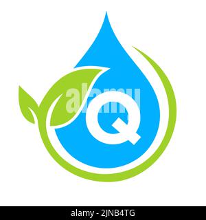 Eco Leaf and Water Drop Logo on Letter Q Template. Letter Q Water Concept Stock Vector