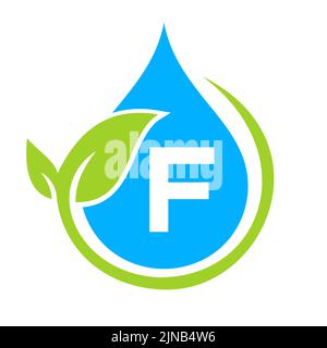 Eco Leaf and Water Drop Logo on Letter F Template. Letter F Water Concept Stock Vector