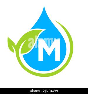 Eco Leaf and Water Drop Logo on Letter M Template. Letter M Water Concept Stock Vector
