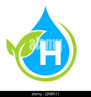 Eco Leaf and Water Drop Logo on Letter H Template. Letter H Water Concept Stock Vector