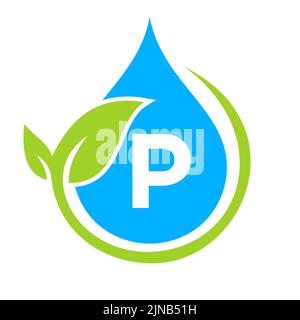 Eco Leaf and Water Drop Logo on Letter P Template. Letter P Water Concept Stock Vector