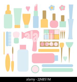 Set of cosmetic and spa skin and body care products. Natural organic cosmetic product. Elements for icons. Flat vector illustration. Stock Vector