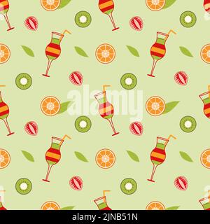 Background with mix cocktail and slices of orange, strawberry, kiwi and a leaf on a green background. Kiwi strawberry, cut orange. Seamless vector bac Stock Vector