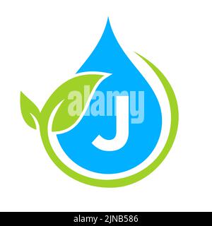 Eco Leaf and Water Drop Logo on Letter J Template. Letter J Water Concept Stock Vector