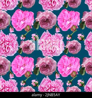 Seamless pattern with hand drawn watercolor pink roses on turquoise background. Vintage illustration. Stock Photo