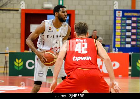 Belgium's Loic Schwartz (11) and Germany's Andreas Obst (42) pictured in action during a friendly basketball match ahead of the European Championships between Belgian national team 'the Belgian Lions' and Germany, Wednesday 10 August 2022, in Hasselt. BELGA PHOTO JILL DELSAUX Stock Photo