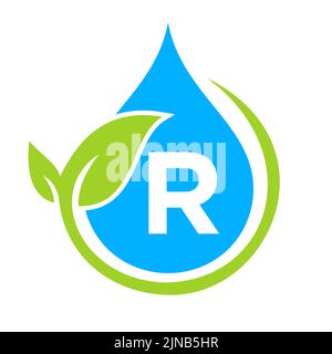 Eco Leaf and Water Drop Logo on Letter R Template. Letter R Water Concept Stock Vector